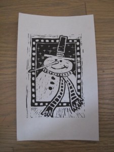snowman lino cut print