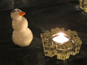 snow man salt shaker and candle