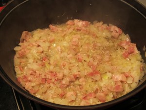 onions and bacon in the pan onions and bacon