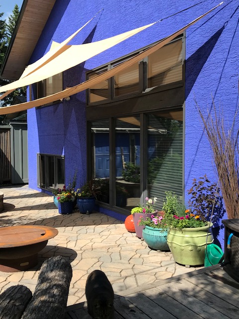 blue stucco with sun sails